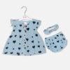 Baby girl 3-piece summer outfit featuring a sky blue muslin dress with navy heart balloon prints, matching bloomers, and a bow headband from Mini & Me.