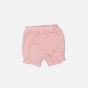 Baby girls peach short-sleeve t-shirt with eyelet lace collar and teddy bear print paired with pink ruffled shorts from Mini & Me.