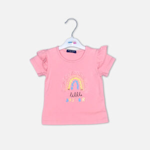 Baby girl summer outfit featuring a pink "Little Sister" t-shirt with a textured 3D rainbow and ruffle sleeves paired with grey shorts with lace detailing from Mini & Me.