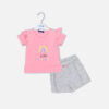 Baby girl summer outfit featuring a pink "Little Sister" t-shirt with a textured 3D rainbow and ruffle sleeves paired with grey shorts with lace detailing from Mini & Me.