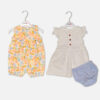 Baby girl summer clothing bundle featuring a multicolored floral sleeveless romper and a white striped dress with ruffle sleeves and blue panties from Mini & Me.