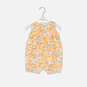 Baby girl summer clothing bundle featuring a multicolored floral sleeveless romper and a white striped dress with ruffle sleeves and blue panties from Mini & Me.
