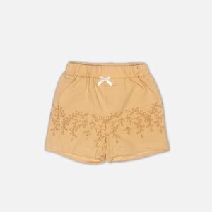 Baby girl summer outfit featuring a white ruffle-sleeve top with floral embroidery and matching tan embroidered shorts from Mini & Me.