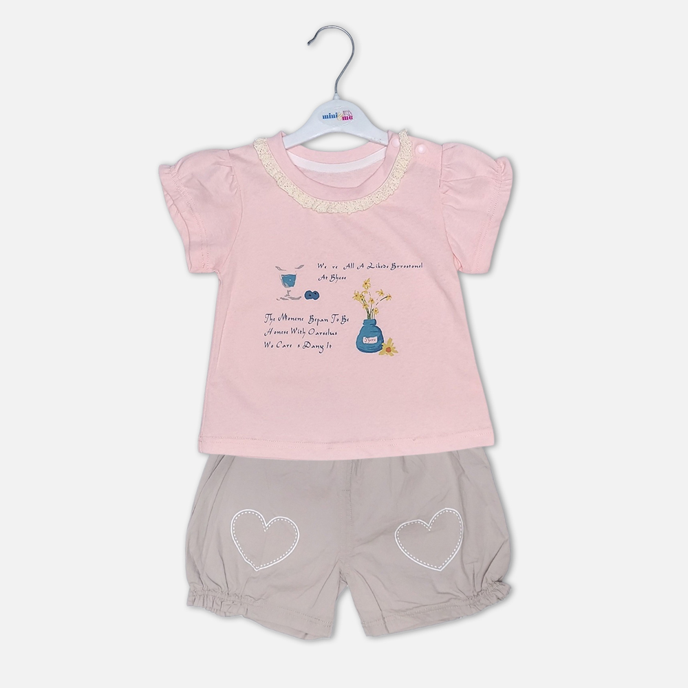 girlsSuit1392-1-4 Baby Girls Pink Lace T-Shirt and Heart Shorts Set from Mini & Me