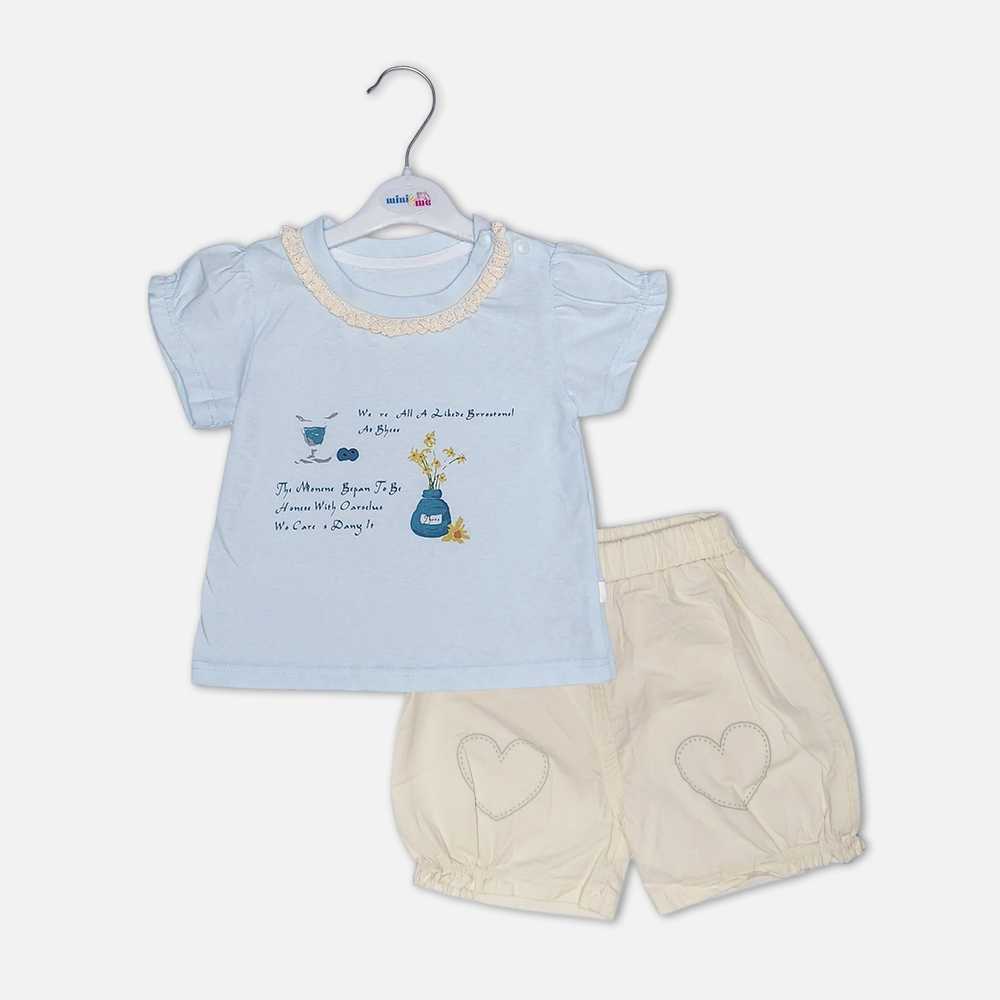 girlsSuit1392-2-1 Baby Girls Sky Blue Lace T-Shirt and Heart Shorts Set from Mini & Me