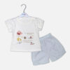 Baby girls white short-sleeve t-shirt with lace ruffles and pastel blue bloomers featuring floral embroidery from Mini & Me.