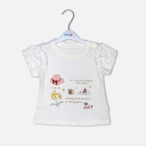 Baby girls white short-sleeve t-shirt with lace ruffles and pastel blue bloomers featuring floral embroidery from Mini & Me.