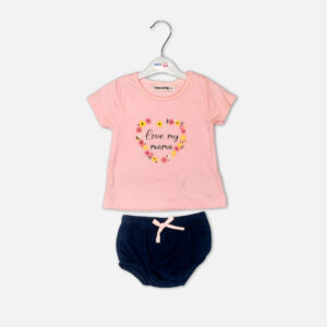 Baby girl summer clothing bundle featuring a white floral print romper and a pink "Love My Mama" t-shirt paired with navy blue bloomers from Mini & Me.