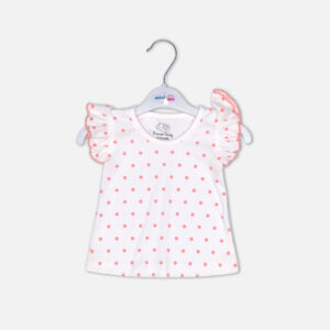 Baby girl 3-piece summer clothing set featuring a peach top with "Flower" graphic, a white and pink polka dot top, and blue ruffle shorts from Mini & Me.