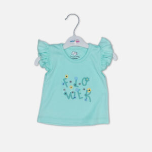 Baby girl 3-piece summer clothing set featuring a mint green top with "Flower" graphic, a white and teal polka dot top, and navy blue ruffle shorts from Mini & Me.
