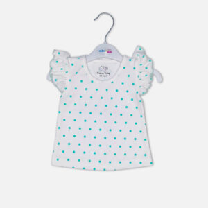 Baby girl 3-piece summer clothing set featuring a mint green top with "Flower" graphic, a white and teal polka dot top, and navy blue ruffle shorts from Mini & Me.