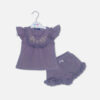 Baby girl summer outfit featuring a dusty purple top with floral embroidery and eyelet lace ruffles paired with matching lace-trimmed shorts from Mini & Me.