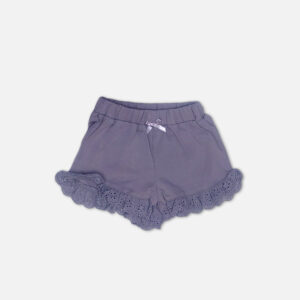 Baby girl summer outfit featuring a dusty purple top with floral embroidery and eyelet lace ruffles paired with matching lace-trimmed shorts from Mini & Me.