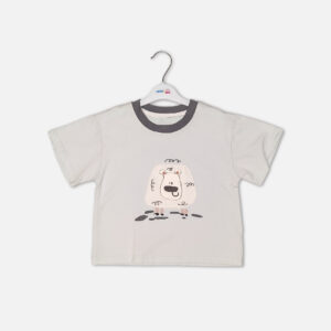 Toddler boy 2-piece summer clothing set featuring a cream t-shirt with a cartoon sheep graphic and a charcoal grey crewneck collar paired with matching grey harem-style cargo shorts with "Hello" pockets from Mini & Me.