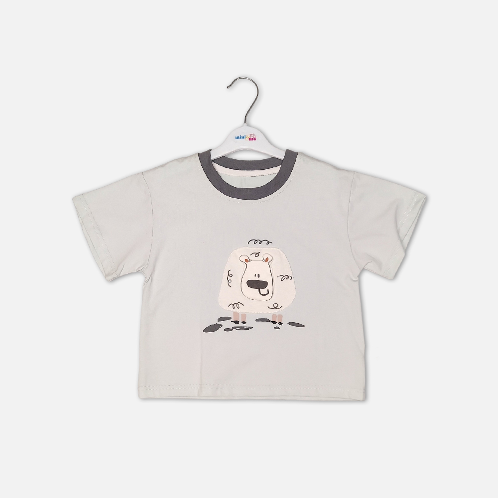 1-3 Toddler boy 2-piece summer clothing set featuring a cream t-shirt with a cartoon sheep graphic and a charcoal grey crewneck collar paired with matching grey harem-style cargo shorts with "Hello" pockets from Mini & Me.