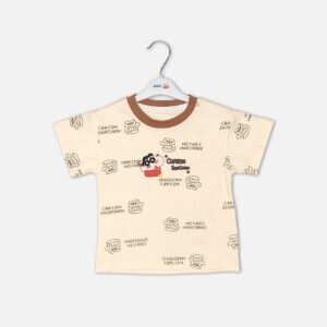 Toddler boy 2-piece summer clothing set featuring a cream t-shirt with an all-over Crayon Shin-chan character graphic print paired with matching brown shorts from Mini & Me.