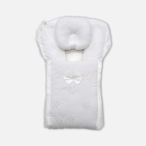 A standalone premium dual-tone baby carry nest showcasing a cushioned integrated headrest, clean stitched borders, and padded comfort layers for infant travel sleeping from Mini & Me.