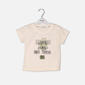 Toddler boy 2-piece summer clothing set featuring a cream t-shirt with a green "Cragging" graphic print, paired with matching brown elasticated shorts detailed with a cartoon bear face pocket from Mini & Me.