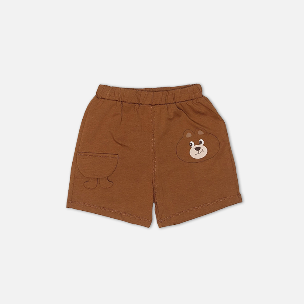 boysSuit14161-1-4 Toddler boy 2-piece summer clothing set featuring a cream t-shirt with a green "Cragging" graphic print, paired with matching brown elasticated shorts detailed with a cartoon bear face pocket from Mini & Me.