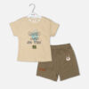 Toddler boy 2-piece summer clothing set featuring a khaki-beige t-shirt with a "Cragging" graphic print, paired with matching olive-brown elasticated shorts detailed with a cartoon bear face pocket from Mini & Me.