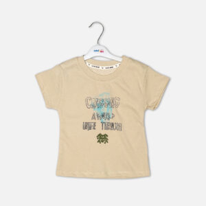 Toddler boy 2-piece summer clothing set featuring a khaki-beige t-shirt with a "Cragging" graphic print, paired with matching olive-brown elasticated shorts detailed with a cartoon bear face pocket from Mini & Me.