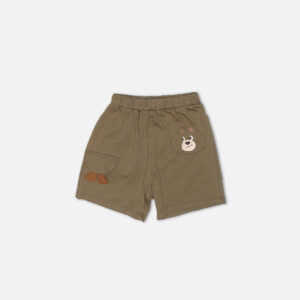 Toddler boy 2-piece summer clothing set featuring a khaki-beige t-shirt with a "Cragging" graphic print, paired with matching olive-brown elasticated shorts detailed with a cartoon bear face pocket from Mini & Me.