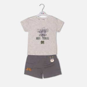 Toddler boy 2-piece summer clothing set featuring a grey heather t-shirt with a purple "Cragging" graphic print, paired with matching charcoal grey elasticated shorts detailed with a cartoon bear face novelty pocket from Mini & Me.