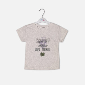 Toddler boy 2-piece summer clothing set featuring a grey heather t-shirt with a purple "Cragging" graphic print, paired with matching charcoal grey elasticated shorts detailed with a cartoon bear face novelty pocket from Mini & Me.