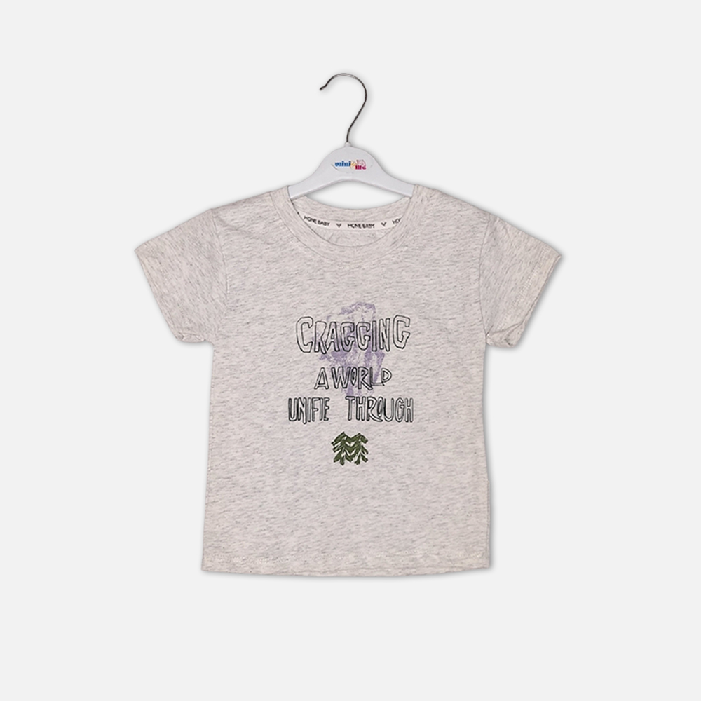 boysSuit14161-3-3 Toddler boy 2-piece summer clothing set featuring a grey heather t-shirt with a purple "Cragging" graphic print, paired with matching charcoal grey elasticated shorts detailed with a cartoon bear face novelty pocket from Mini & Me.