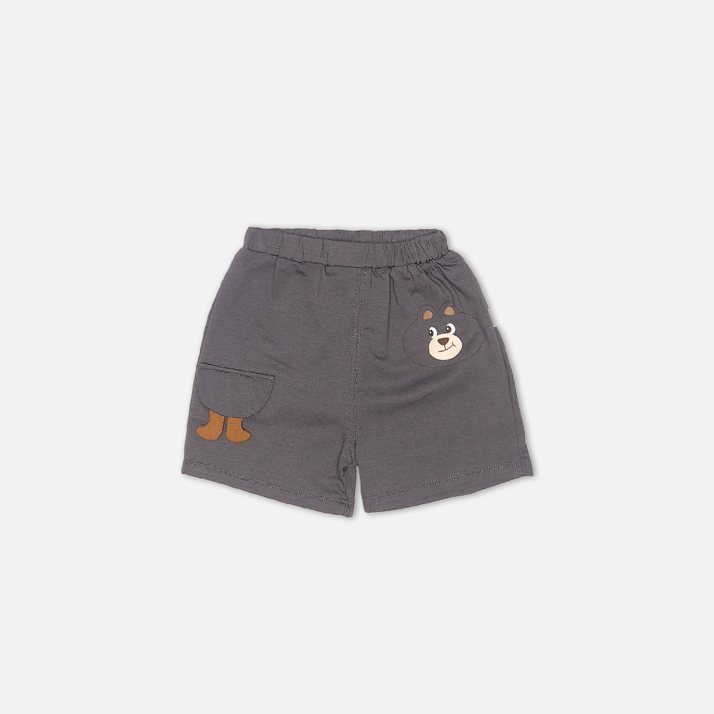 boysSuit14161-3-4 Toddler boy 2-piece summer clothing set featuring a grey heather t-shirt with a purple "Cragging" graphic print, paired with matching charcoal grey elasticated shorts detailed with a cartoon bear face novelty pocket from Mini & Me.