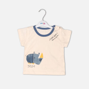 Toddler boy 2-piece summer clothing set featuring a cream t-shirt with a blue cartoon rhinoceros graphic and blue neckline trim, paired with matching blue elasticated shorts from Mini & Me.