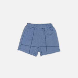 Toddler boy 2-piece summer clothing set featuring a cream t-shirt with a blue cartoon rhinoceros graphic and blue neckline trim, paired with matching blue elasticated shorts from Mini & Me.