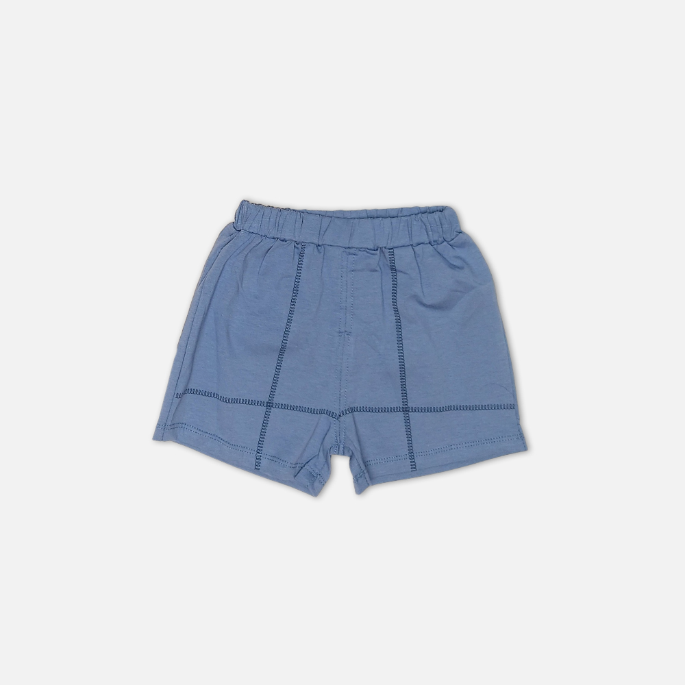 boysSuit14162-1-4 Toddler boy 2-piece summer clothing set featuring a cream t-shirt with a blue cartoon rhinoceros graphic and blue neckline trim, paired with matching blue elasticated shorts from Mini & Me.