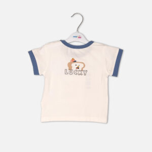 Toddler boy 2-piece summer clothing set featuring a cream t-shirt with a blue cartoon rhinoceros graphic and blue neckline trim, paired with matching blue elasticated shorts from Mini & Me.
