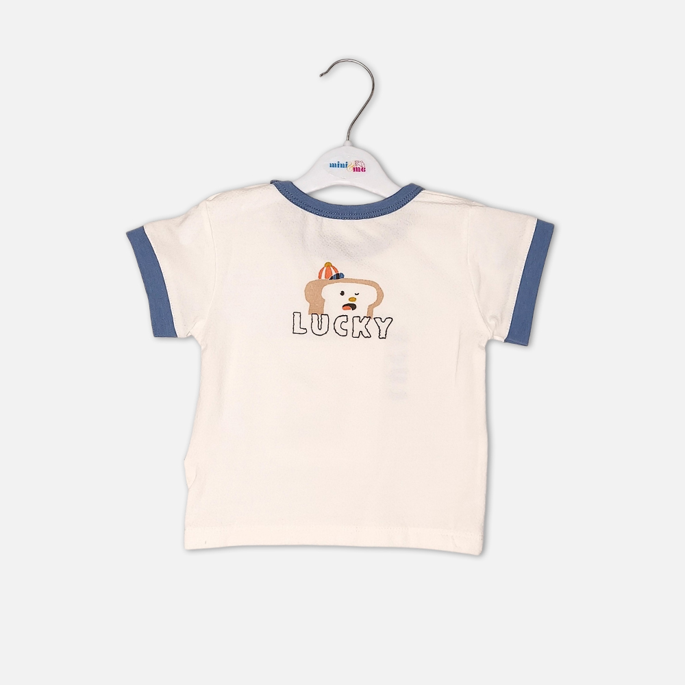 boysSuit14172-2- Toddler boy 2-piece summer clothing set featuring a cream t-shirt with a blue cartoon rhinoceros graphic and blue neckline trim, paired with matching blue elasticated shorts from Mini & Me.