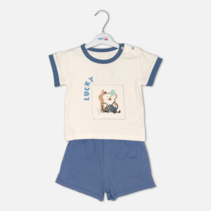 Toddler boy 2-piece summer clothing set featuring a cream t-shirt with a blue cartoon rhinoceros graphic and blue neckline trim, paired with matching blue elasticated shorts from Mini & Me.