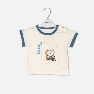 Toddler boy 2-piece summer clothing set featuring a cream t-shirt with a blue cartoon rhinoceros graphic and blue neckline trim, paired with matching blue elasticated shorts from Mini & Me.