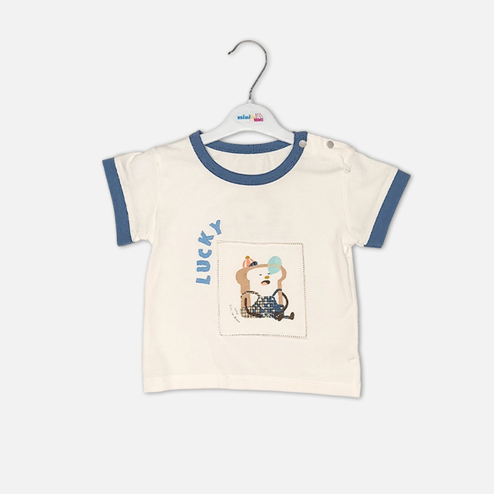 boysSuit14172-2-3 Toddler boy 2-piece summer clothing set featuring a cream t-shirt with a blue cartoon rhinoceros graphic and blue neckline trim, paired with matching blue elasticated shorts from Mini & Me.
