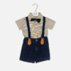 Checkered baby bodysuit with black bow tie next to denim suspender shorts with tan leather details on a white background.
