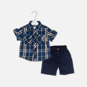 Toddler boy 2-piece summer clothing set featuring a cream t-shirt with an all-over Crayon Shin-chan character graphic print paired with matching brown shorts from Mini & Me.