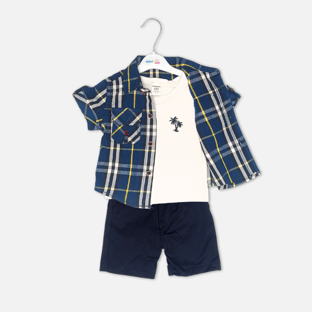 boysSuit14178-1-2 Toddler boy 2-piece summer clothing set featuring a cream t-shirt with an all-over Crayon Shin-chan character graphic print paired with matching brown shorts from Mini & Me.