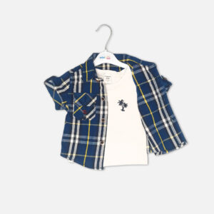 Toddler boy 2-piece summer clothing set featuring a cream t-shirt with an all-over Crayon Shin-chan character graphic print paired with matching brown shorts from Mini & Me.