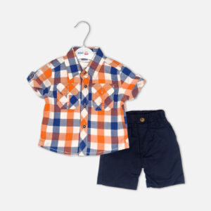 Baby boy 3-piece summer clothing set displaying a short-sleeve orange, white, and navy blue plaid button-down shirt over a white inner t-shirt with a palm tree embroidery, completed with matching navy blue shorts from Mini & Me.