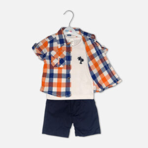 Baby boy 3-piece summer clothing set displaying a short-sleeve orange, white, and navy blue plaid button-down shirt over a white inner t-shirt with a palm tree embroidery, completed with matching navy blue shorts from Mini & Me.