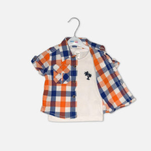 Baby boy 3-piece summer clothing set displaying a short-sleeve orange, white, and navy blue plaid button-down shirt over a white inner t-shirt with a palm tree embroidery, completed with matching navy blue shorts from Mini & Me.