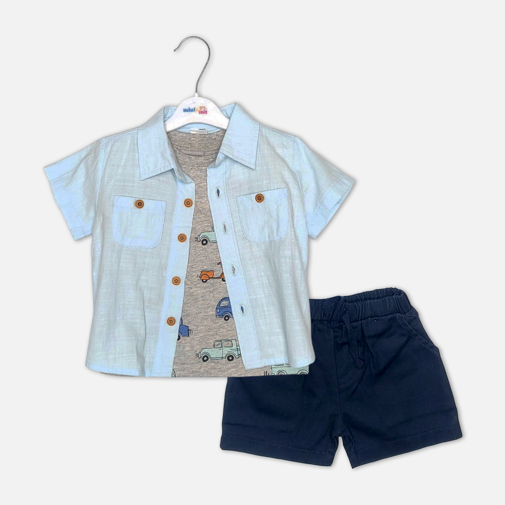 boysSuit14179-1 Baby boy 3-piece summer clothing set showcasing a short-sleeve ice blue linen button-down shirt over a heather grey inner t-shirt with a vintage car and scooter print, paired with navy blue shorts from Mini & Me.