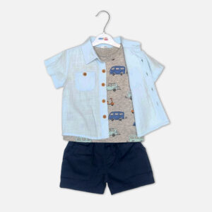 Baby boy 3-piece summer clothing set showcasing a short-sleeve ice blue linen button-down shirt over a heather grey inner t-shirt with a vintage car and scooter print, paired with navy blue shorts from Mini & Me.