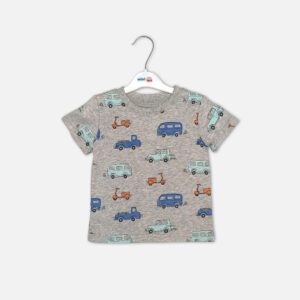 Baby boy 3-piece summer clothing set showcasing a short-sleeve ice blue linen button-down shirt over a heather grey inner t-shirt with a vintage car and scooter print, paired with navy blue shorts from Mini & Me.