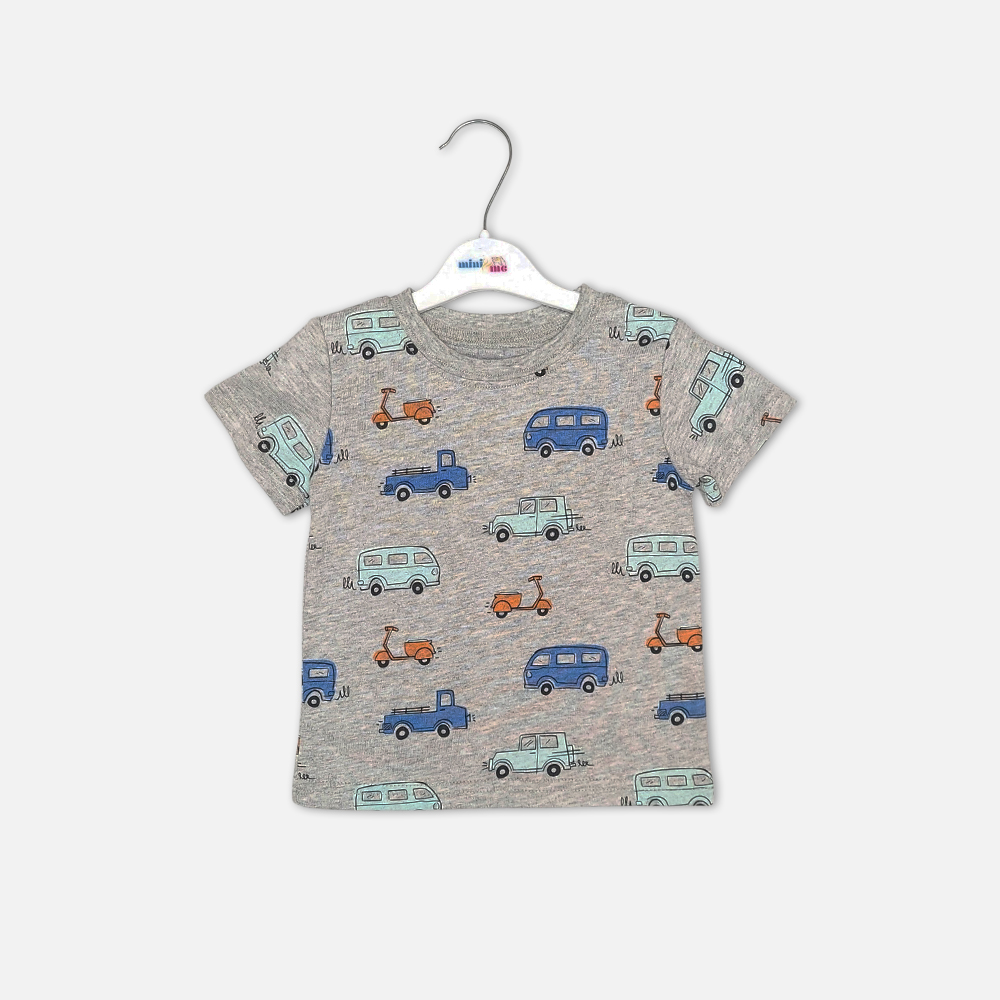boysSuit14179-4 Baby boy 3-piece summer clothing set showcasing a short-sleeve ice blue linen button-down shirt over a heather grey inner t-shirt with a vintage car and scooter print, paired with navy blue shorts from Mini & Me.