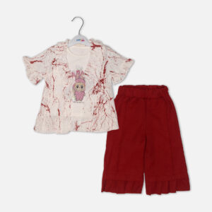 baby girl jacket set, infant 3 piece summer set, maroon baby palazzo pants, toddler wide leg trousers, baby shrug dress, Mini & Me baby shop, newborn girl clothes Karachi, breathable infant cotton tees, 3m-18m girls boutique wear, kids summer ruffled outfit.